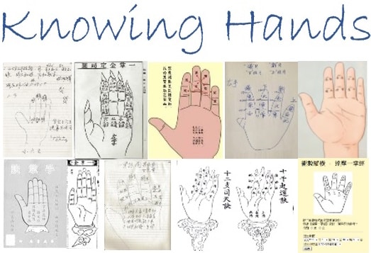 Logo of the Knowing Hands research project showing several depictions of mnemonic hand diagrams